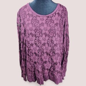 ADRIANNA PAPELL | Floral Lace Purple Long-Sleeve Whimsigoth Top | L